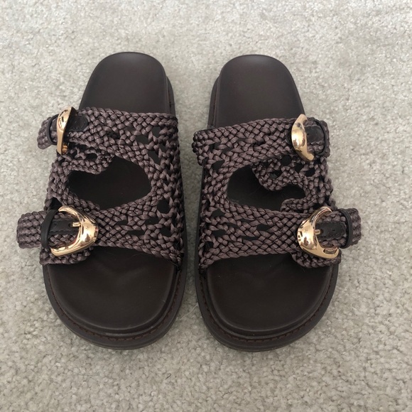 Joie Shoes - Joie Brown Waffle Woven Sandal With Gold Buckle Size 8.5